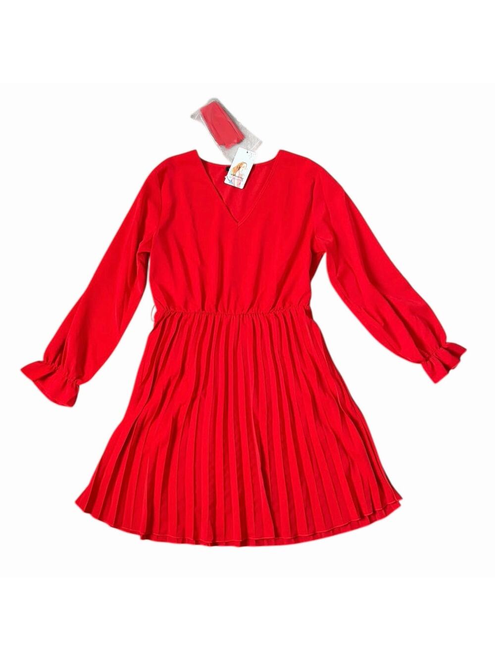 Prettygarden L Red Pleated Tie Waist V Neck Long Sleeved Dress Valentine’s Day